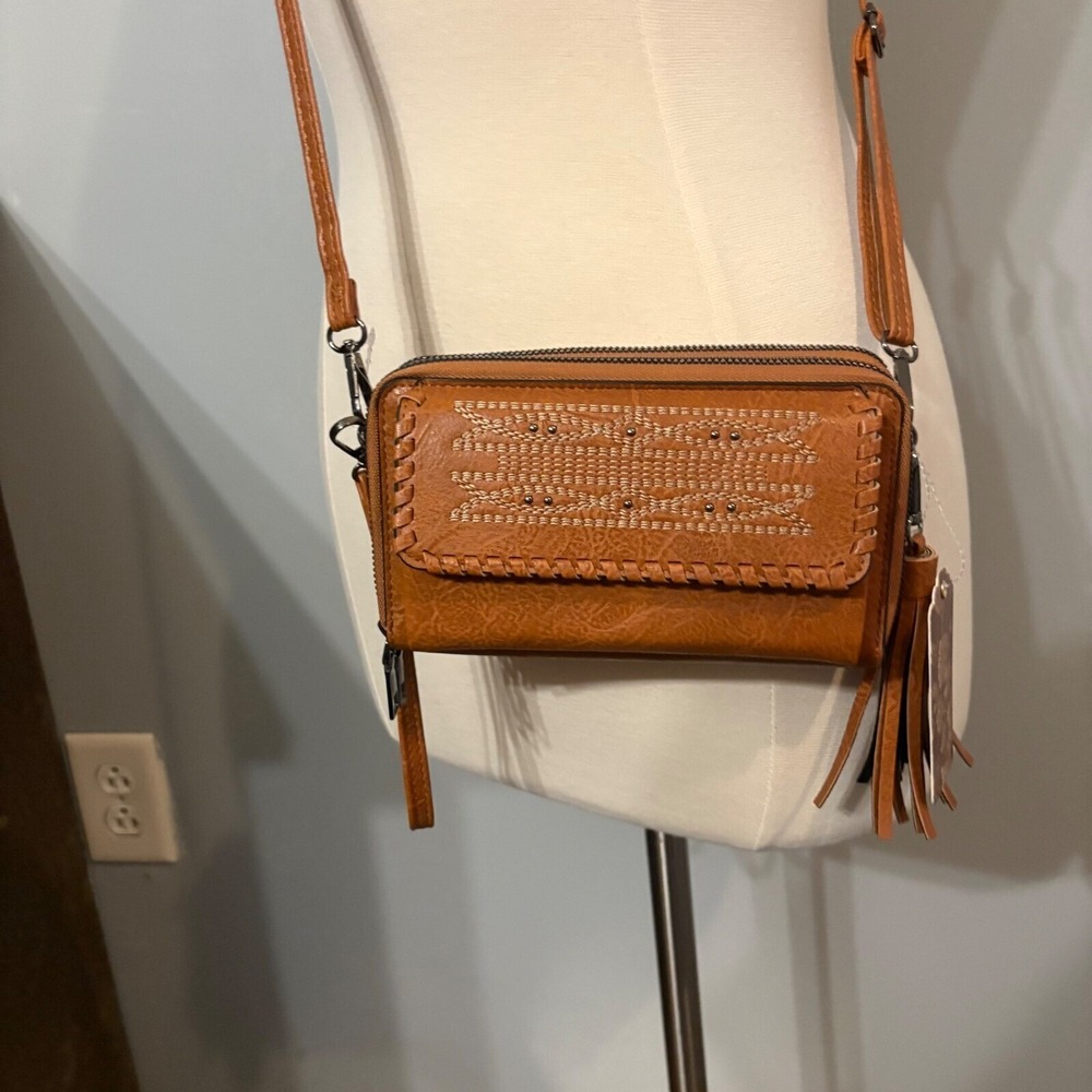 Sam & Hadley Cognac Brown Vegan Leather Embroidered Beaded Crossbody Bag